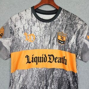 Liquid Death Soccer Jersey Mens Medium Gray Orange Static Print Graphic Shirt